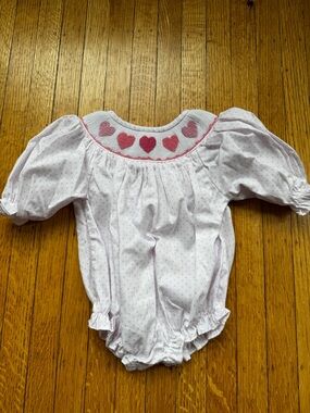 White Baby One-Piece with Pink Heart Smocking